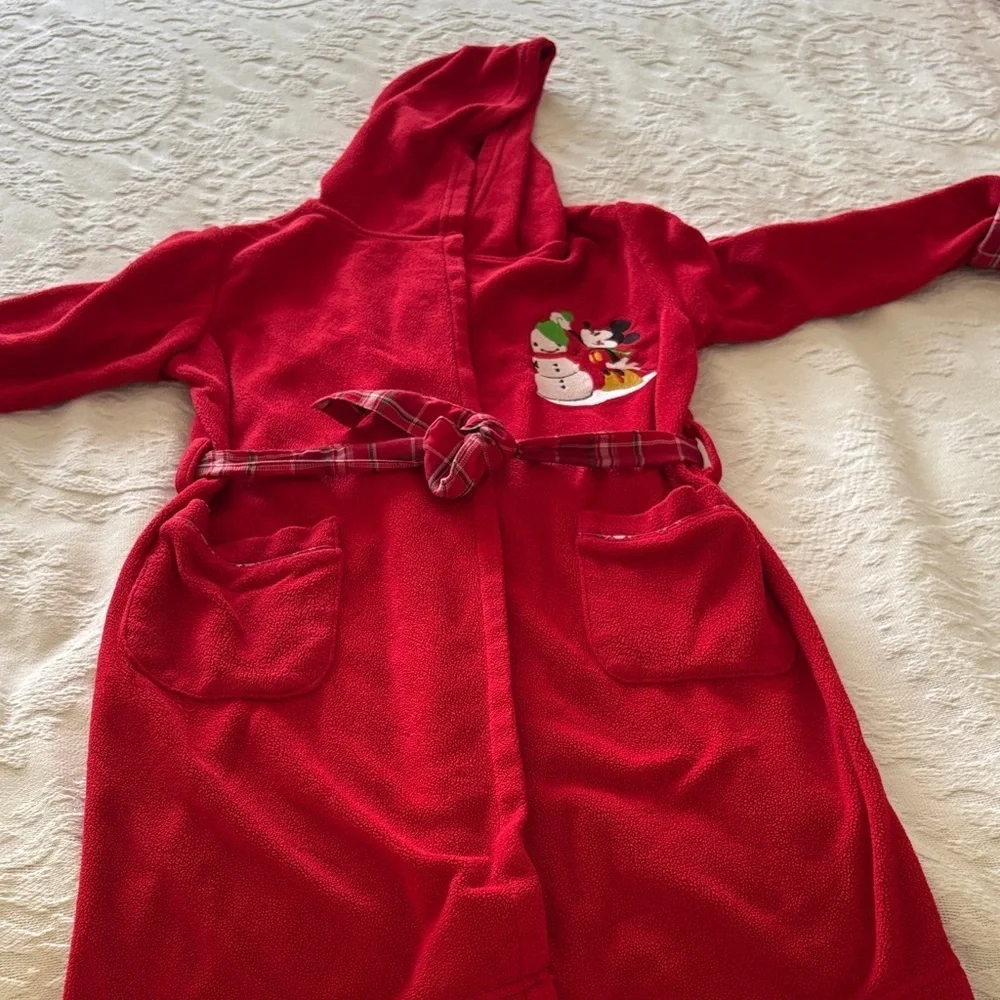 Gently Loved Red Hooded Robe with Embroidered Snowman & Vintage Mickey “Unisex”